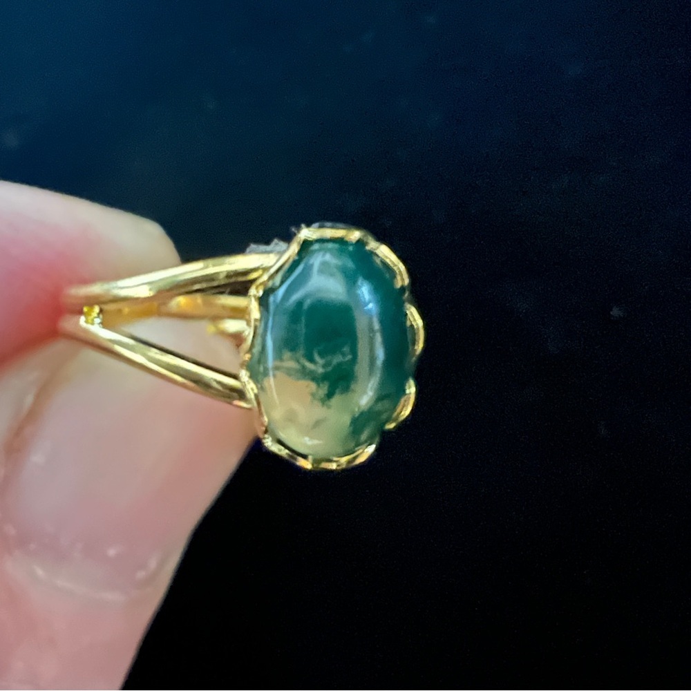 18 k Gold Plated Ring Moss Agate Stone Size 4 Expandable Gift Present 18 karat